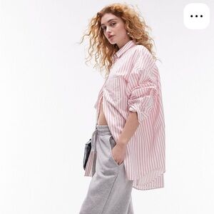 Topshop Pink and White Cotton Striped Button-Down Shirt